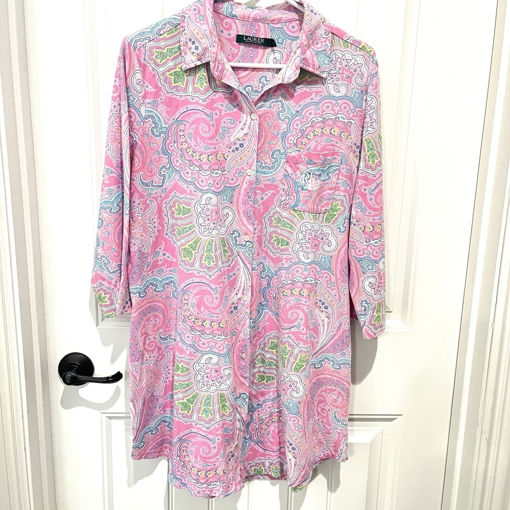 Lauren Ralph‎ Lauren Nightgown Shirt Women's Large Paisley Print Button Down